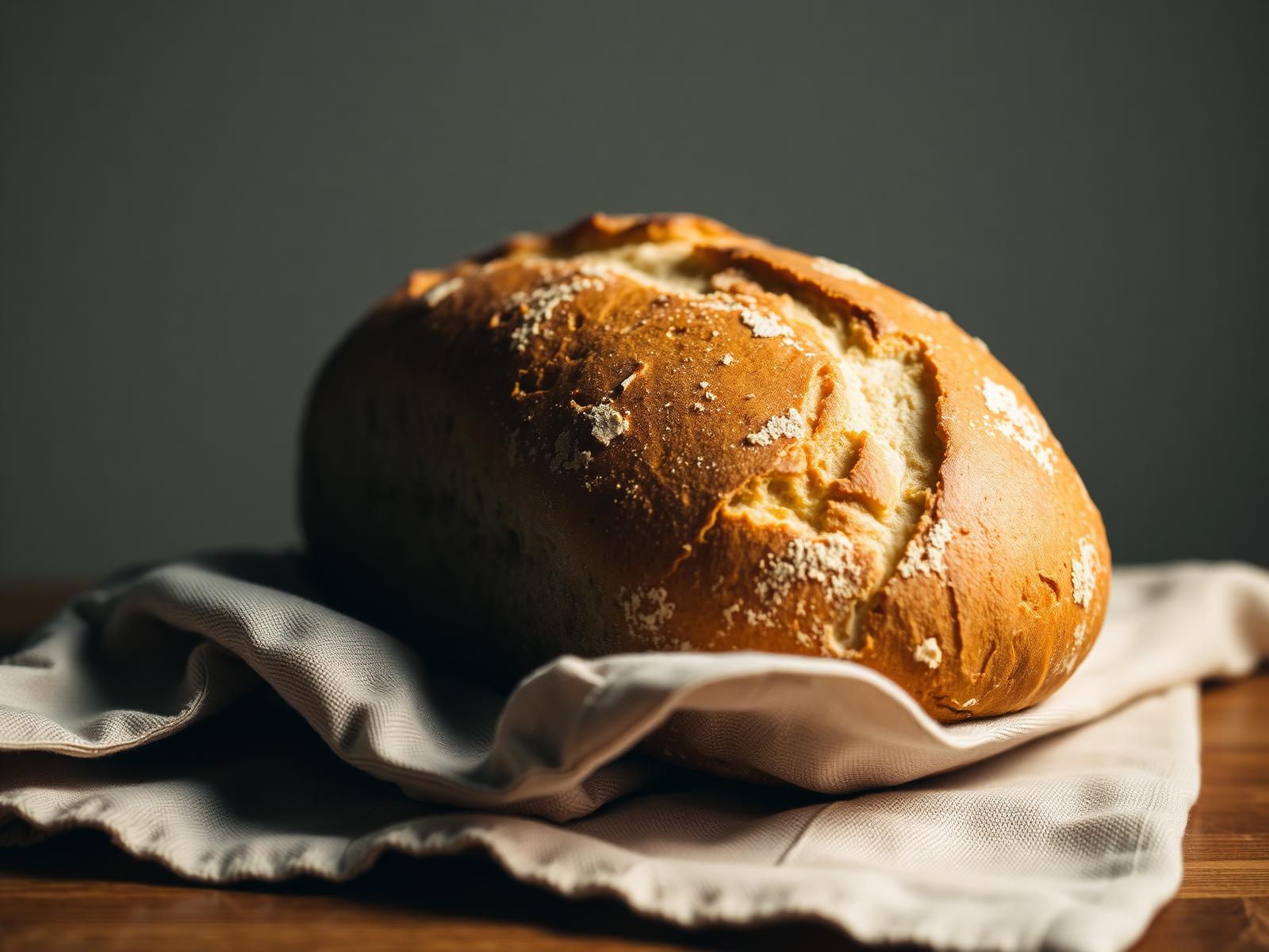 Freshly baked sourdough loaf on linen cloth